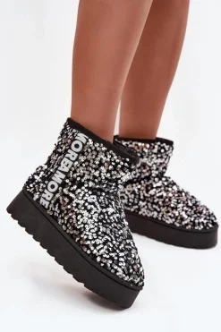 Online Boto Śniegowce Damskie Na Platformie Zdobione Cekinami Czarno-Srebrne Silmo Srebrny