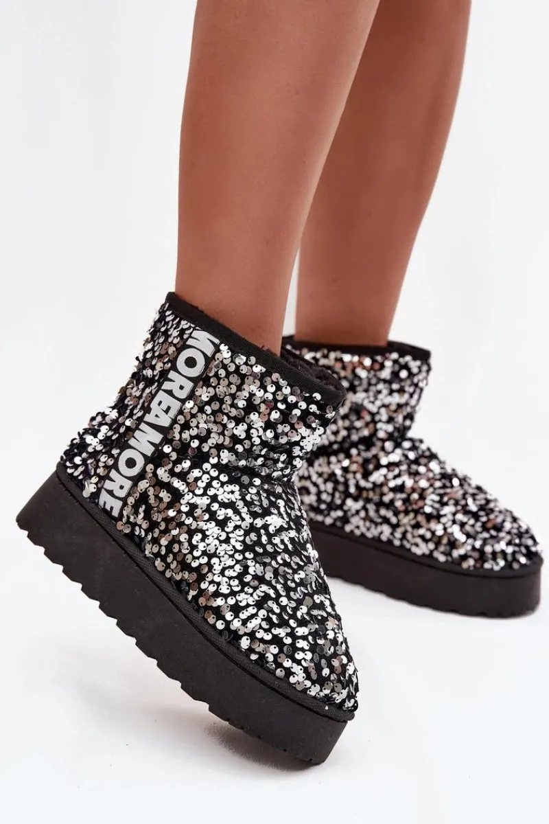 Online Boto Śniegowce Damskie Na Platformie Zdobione Cekinami Czarno-Srebrne Silmo Srebrny