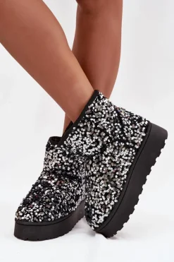 Online Boto Śniegowce Damskie Na Platformie Zdobione Cekinami Czarno-Srebrne Silmo Srebrny