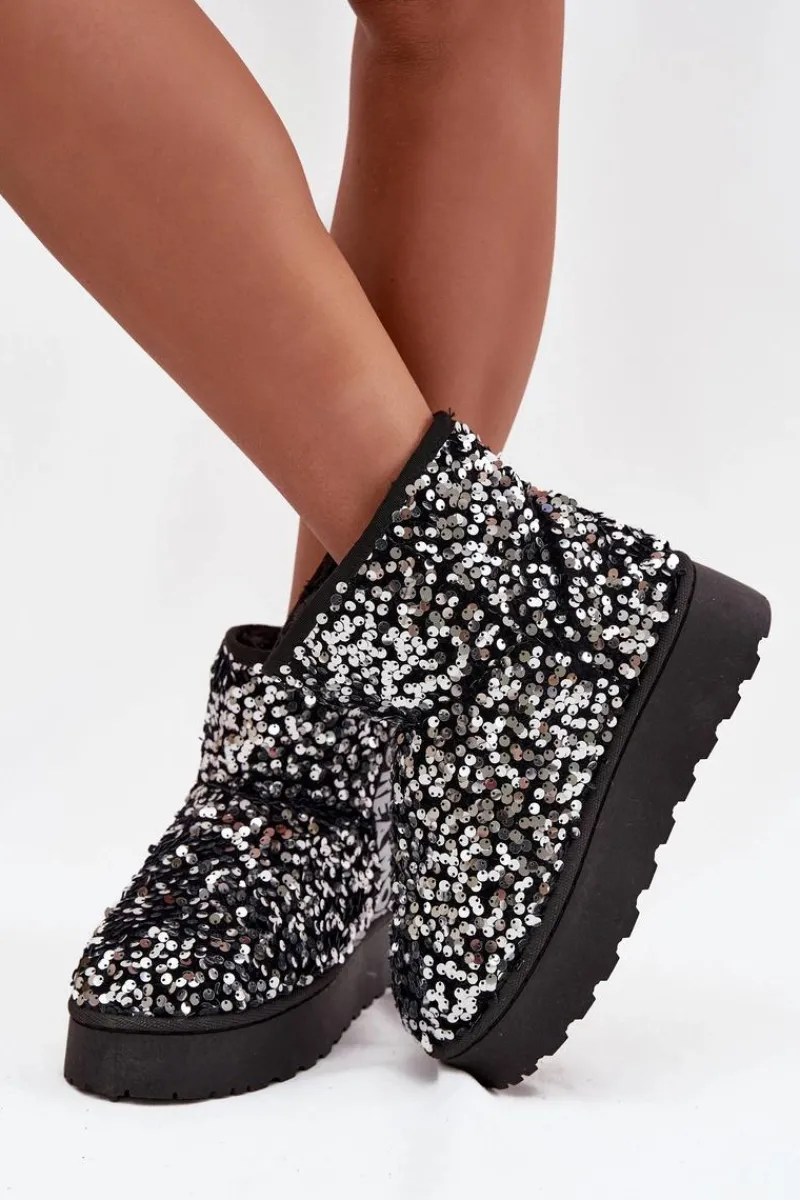 Online Boto Śniegowce Damskie Na Platformie Zdobione Cekinami Czarno-Srebrne Silmo Srebrny