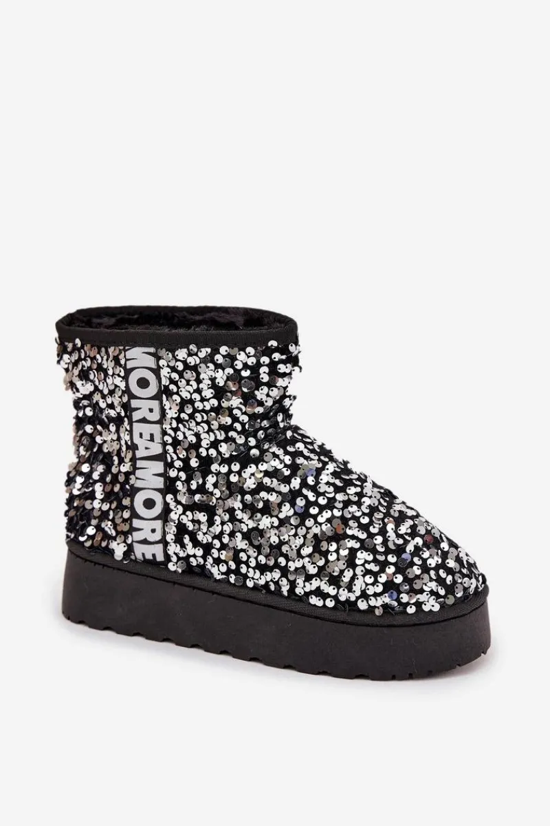 Online Boto Śniegowce Damskie Na Platformie Zdobione Cekinami Czarno-Srebrne Silmo Srebrny