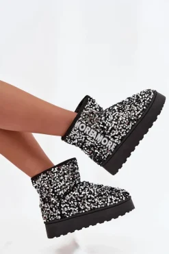 Online Boto Śniegowce Damskie Na Platformie Zdobione Cekinami Czarno-Srebrne Silmo Srebrny