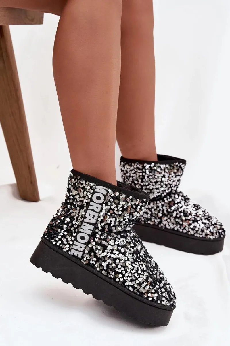 Online Boto Śniegowce Damskie Na Platformie Zdobione Cekinami Czarno-Srebrne Silmo Srebrny