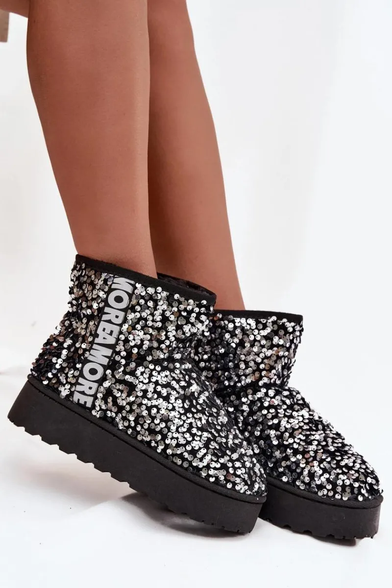Online Boto Śniegowce Damskie Na Platformie Zdobione Cekinami Czarno-Srebrne Silmo Srebrny