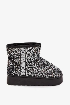 Online Boto Śniegowce Damskie Na Platformie Zdobione Cekinami Czarno-Srebrne Silmo Srebrny