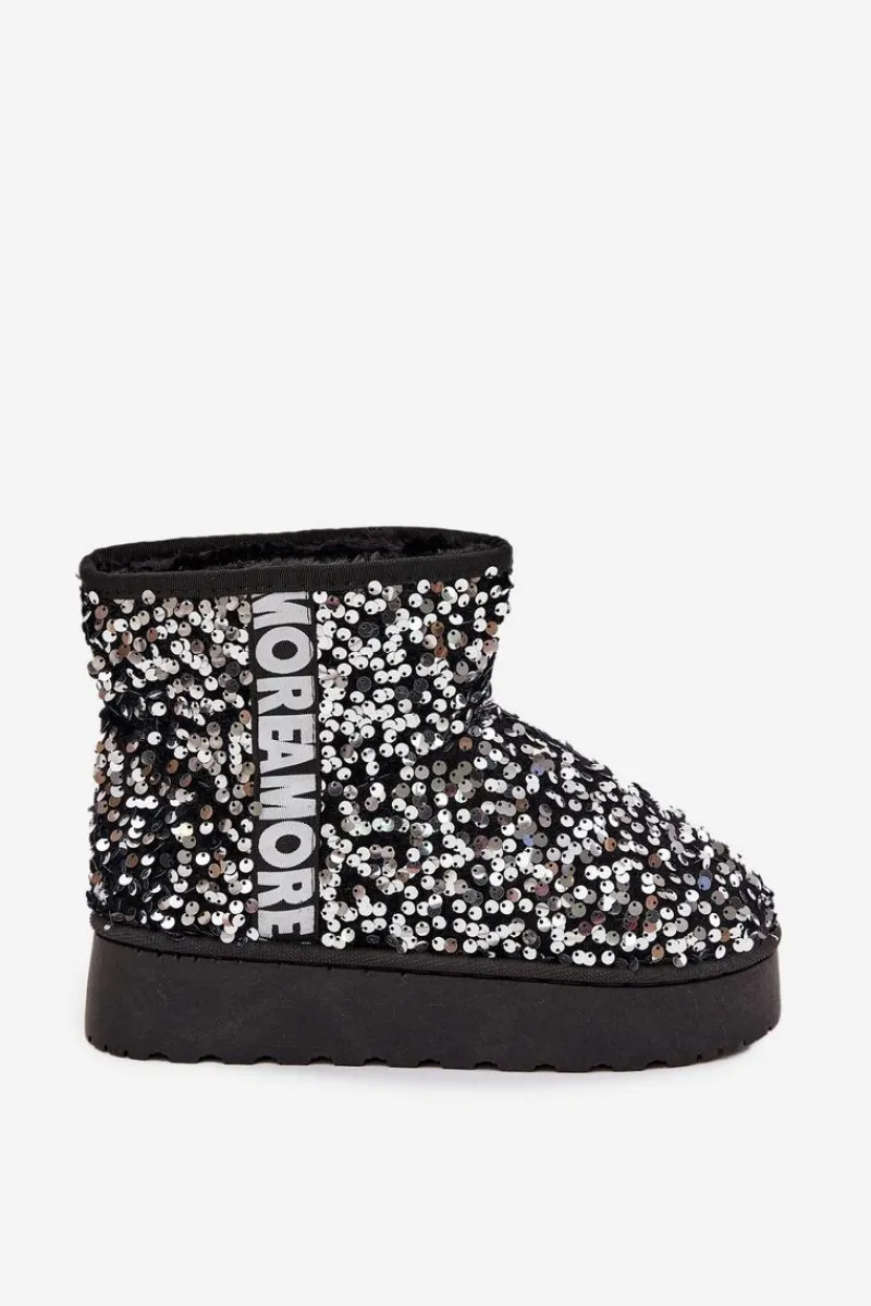 Online Boto Śniegowce Damskie Na Platformie Zdobione Cekinami Czarno-Srebrne Silmo Srebrny
