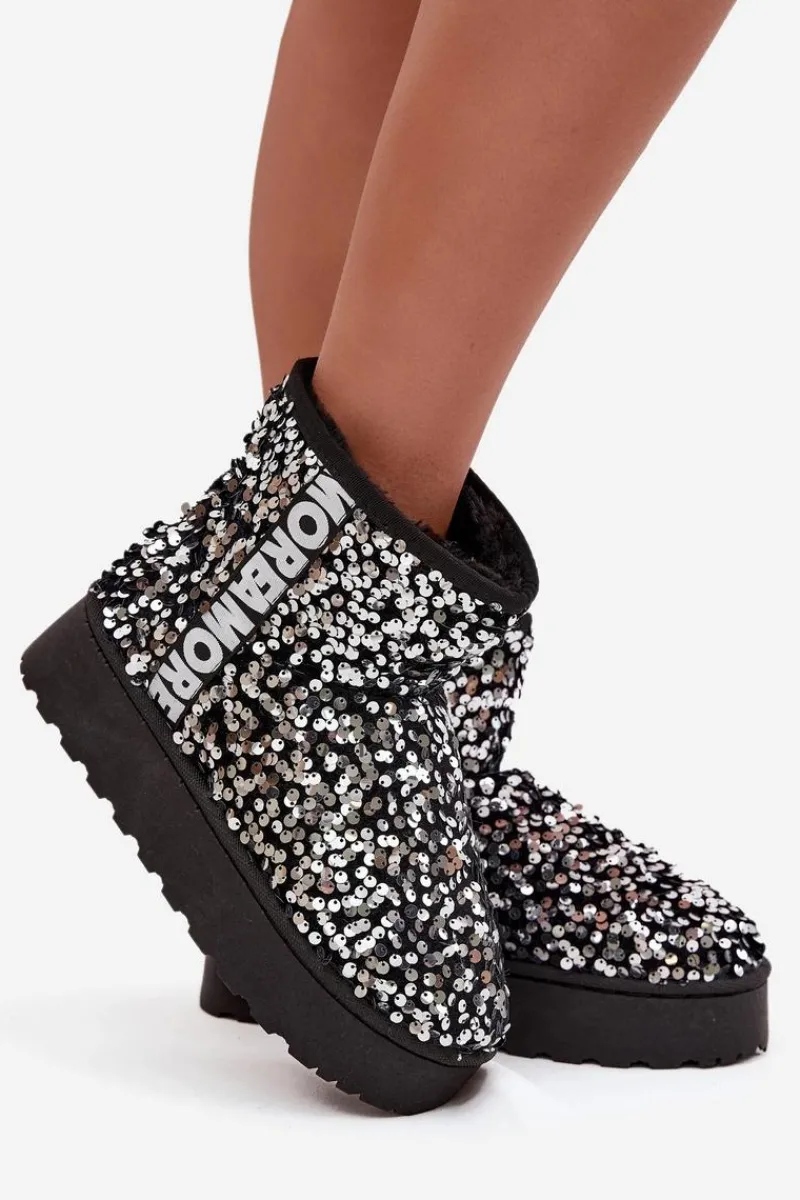 Online Boto Śniegowce Damskie Na Platformie Zdobione Cekinami Czarno-Srebrne Silmo Srebrny