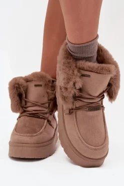 Śniegowce Damskie>Big Star Shoes Śniegowce Damskie Na Platformie Z Futerkiem I Wiązaniem Big Star SS274114 Beżowe Beżowy