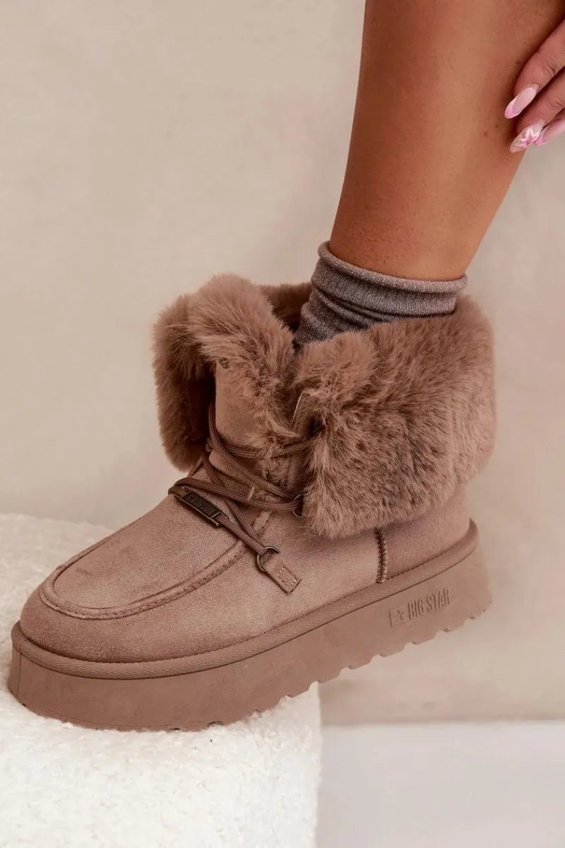 Śniegowce Damskie>Big Star Shoes Śniegowce Damskie Na Platformie Z Futerkiem I Wiązaniem Big Star SS274114 Beżowe Beżowy