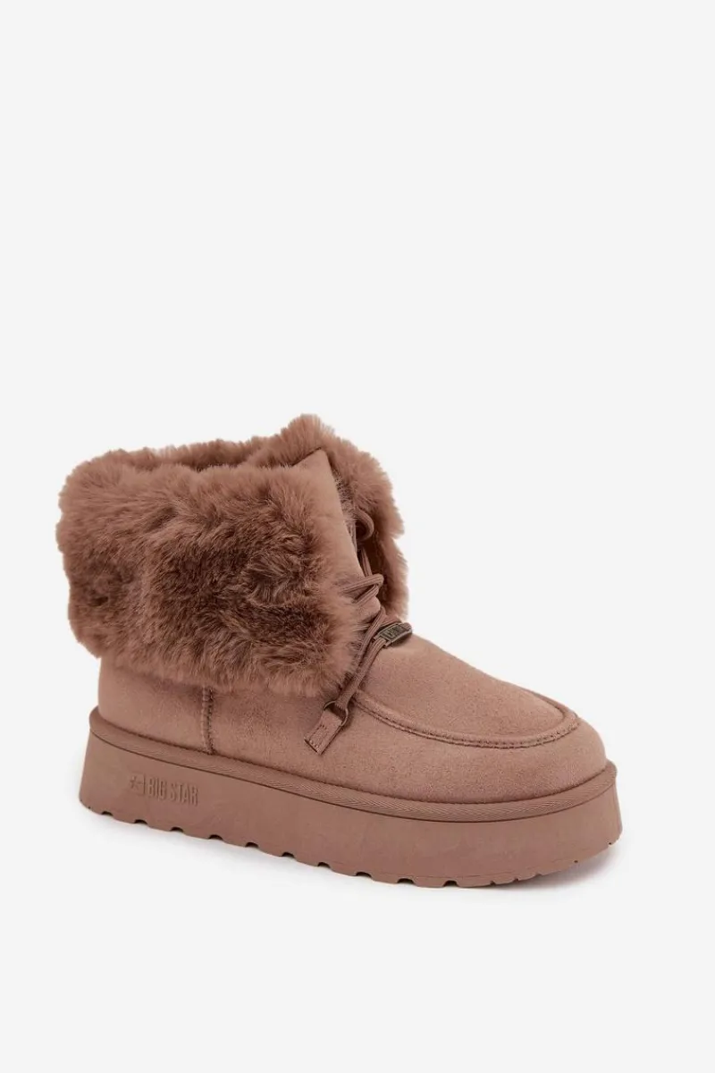 Śniegowce Damskie>Big Star Shoes Śniegowce Damskie Na Platformie Z Futerkiem I Wiązaniem Big Star SS274114 Beżowe Beżowy