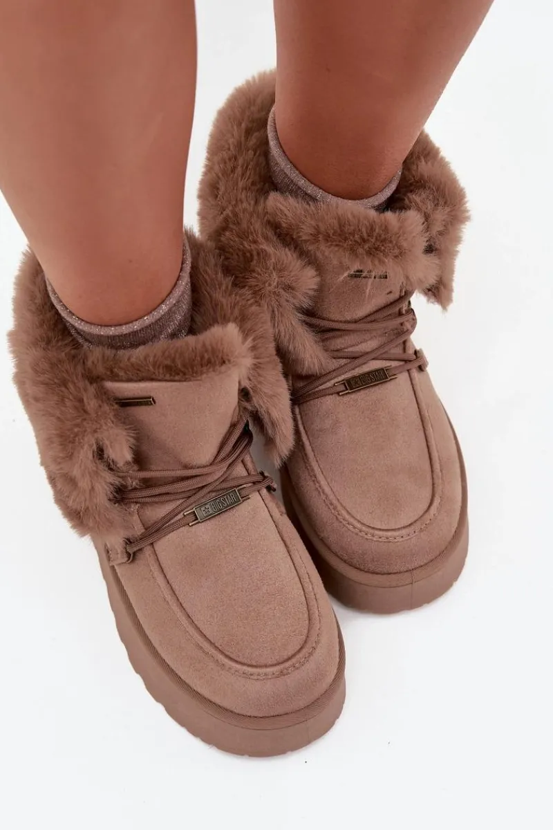 Śniegowce Damskie>Big Star Shoes Śniegowce Damskie Na Platformie Z Futerkiem I Wiązaniem Big Star SS274114 Beżowe Beżowy