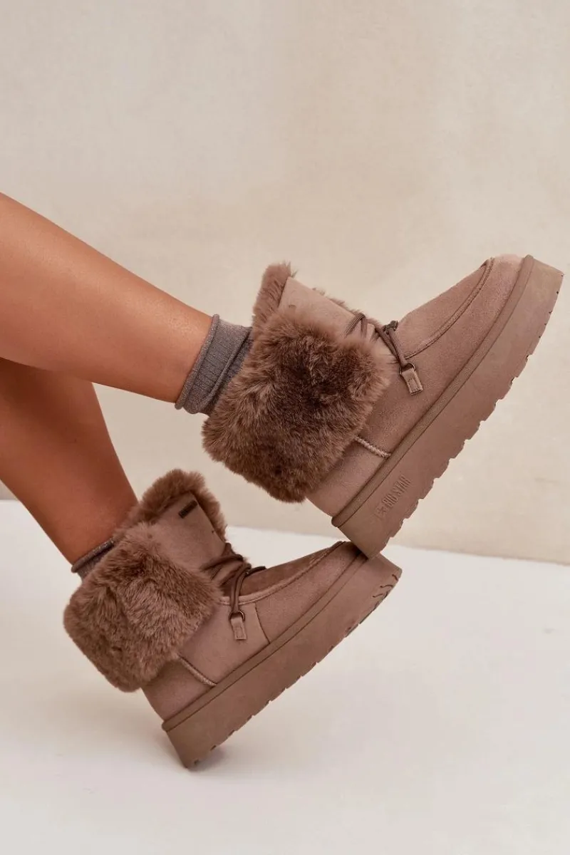 Śniegowce Damskie>Big Star Shoes Śniegowce Damskie Na Platformie Z Futerkiem I Wiązaniem Big Star SS274114 Beżowe Beżowy