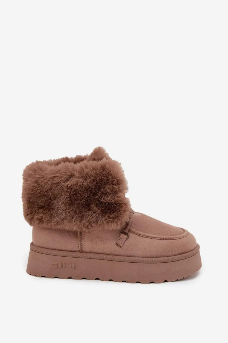 Śniegowce Damskie>Big Star Shoes Śniegowce Damskie Na Platformie Z Futerkiem I Wiązaniem Big Star SS274114 Beżowe Beżowy