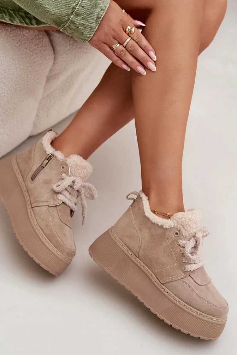 Best Boto Śniegowce Damskie Na Platformie Z Futerkiem Typu Baranek Beżowe Luma
