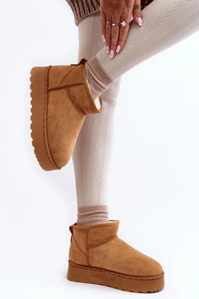 Śniegowce Damskie>Boto Śniegowce Damskie Na Platformie Ocieplane Futerkiem Camel Xamella Brązowy