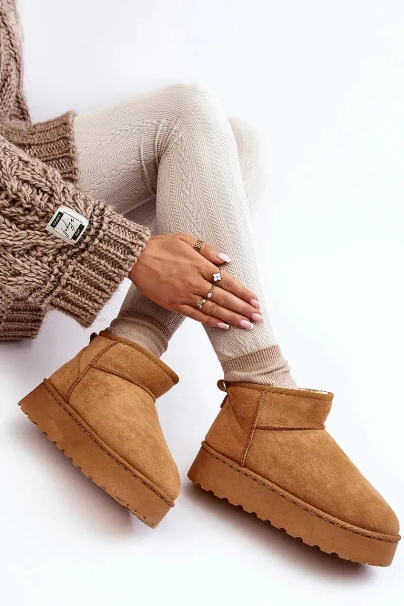 Śniegowce Damskie>Boto Śniegowce Damskie Na Platformie Ocieplane Futerkiem Camel Xamella Brązowy