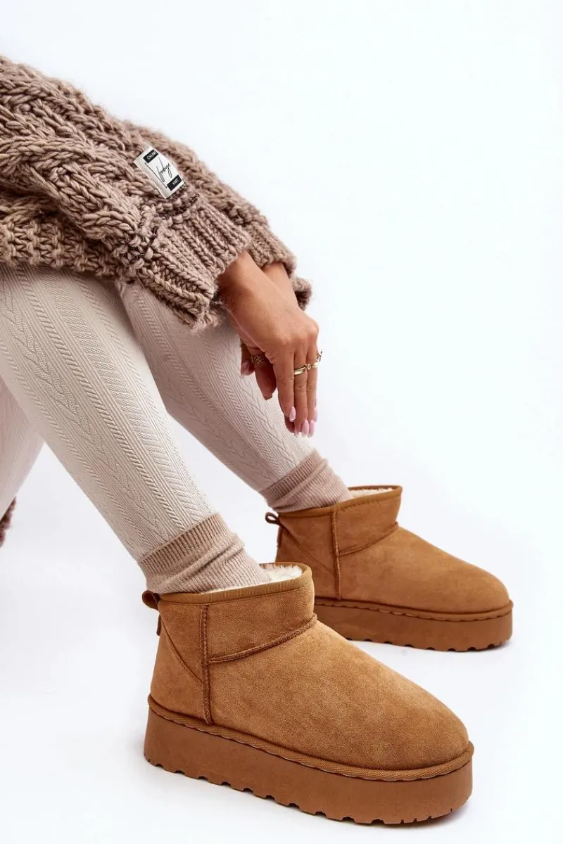 Śniegowce Damskie>Boto Śniegowce Damskie Na Platformie Ocieplane Futerkiem Camel Xamella Brązowy