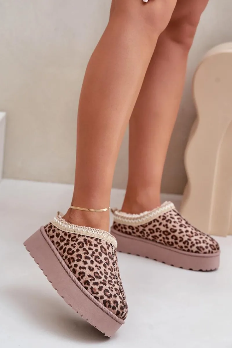 Discount Boto Śniegowce Damskie Na Platformie Ocieplane Futerkiem Panterka Brązowe Remenia