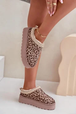 Discount Boto Śniegowce Damskie Na Platformie Ocieplane Futerkiem Panterka Brązowe Remenia