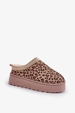 Discount Boto Śniegowce Damskie Na Platformie Ocieplane Futerkiem Panterka Brązowe Remenia