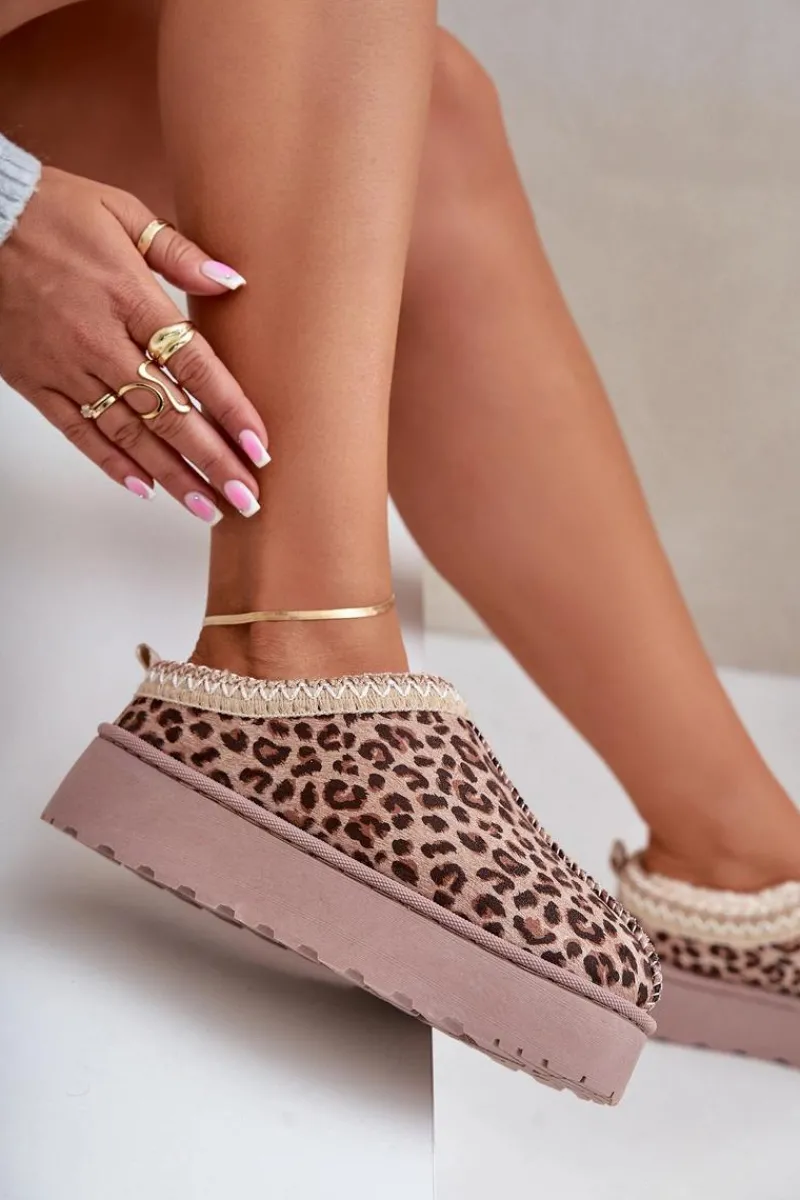 Discount Boto Śniegowce Damskie Na Platformie Ocieplane Futerkiem Panterka Brązowe Remenia