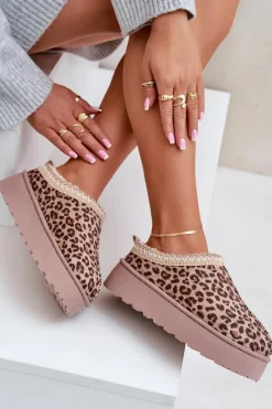 Discount Boto Śniegowce Damskie Na Platformie Ocieplane Futerkiem Panterka Brązowe Remenia