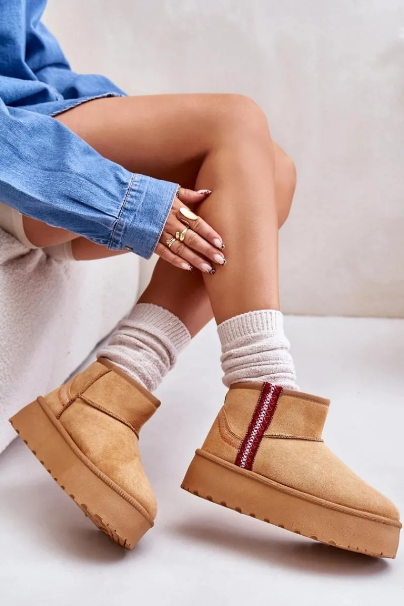 Śniegowce Damskie>Boto Śniegowce Damskie Na Platformie Ocieplane Camel Lomessa Brązowy