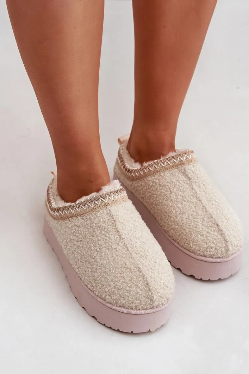 Outlet Boto Śniegowce Damskie Na Platformie Z Haftem Jasnobeżowe Tirissa