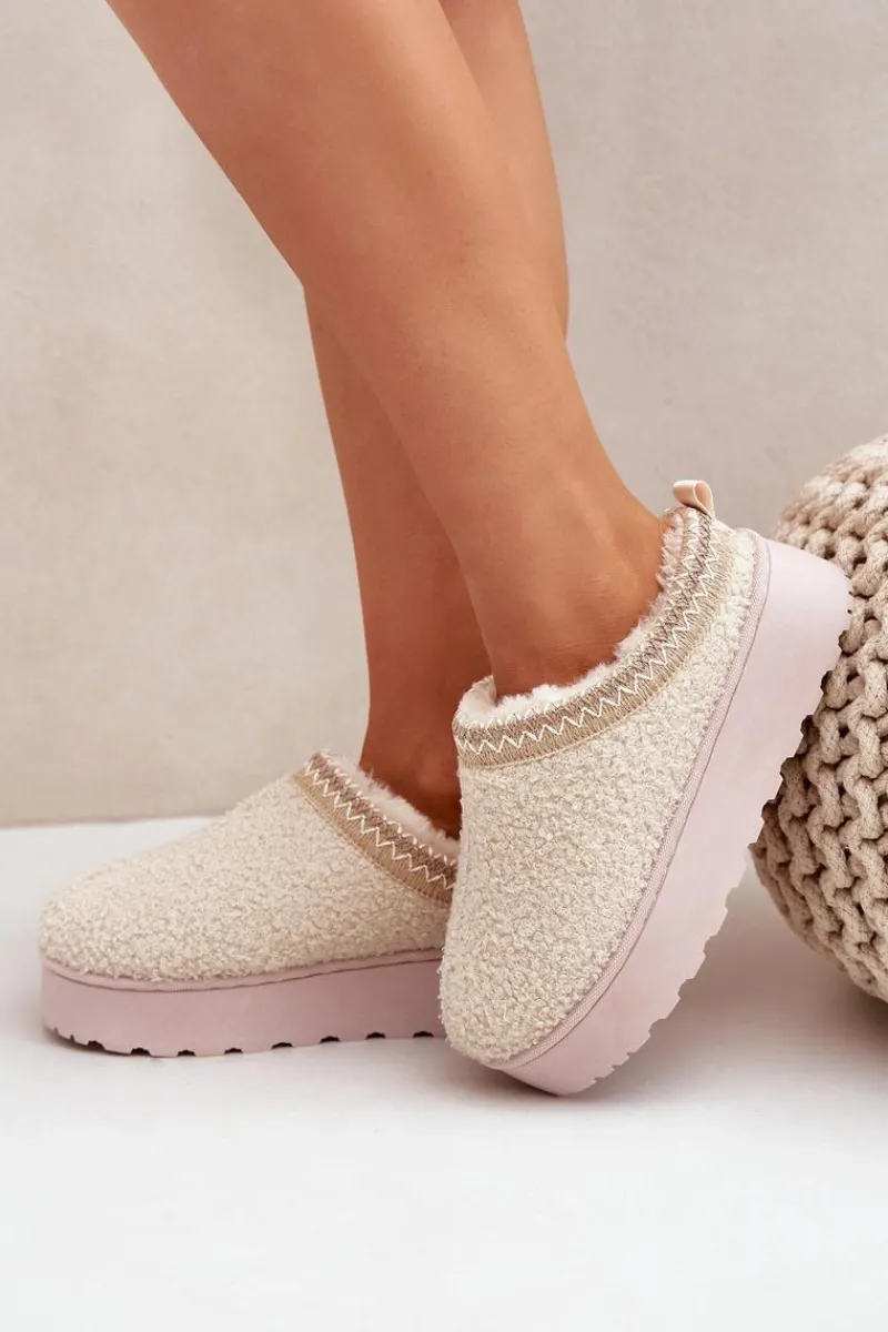 Outlet Boto Śniegowce Damskie Na Platformie Z Haftem Jasnobeżowe Tirissa