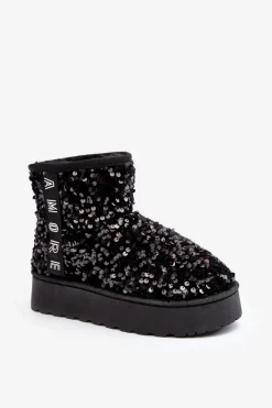 Discount Śniegowce Damskie Na Platformie Zdobione Cekinami Czarne Silmo Damskie Śniegowce Damskie