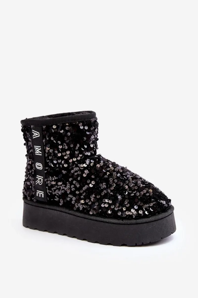 Discount Śniegowce Damskie Na Platformie Zdobione Cekinami Czarne Silmo Damskie Śniegowce Damskie