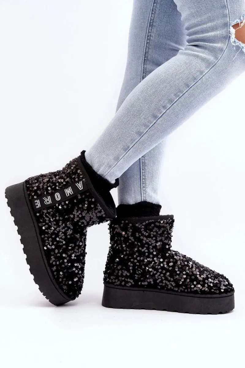 Discount Śniegowce Damskie Na Platformie Zdobione Cekinami Czarne Silmo Damskie Śniegowce Damskie