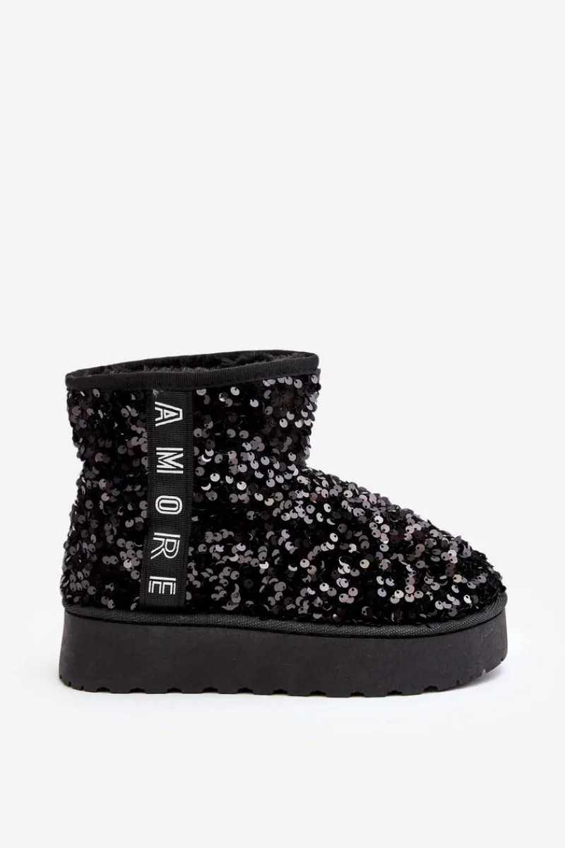Discount Śniegowce Damskie Na Platformie Zdobione Cekinami Czarne Silmo Damskie Śniegowce Damskie