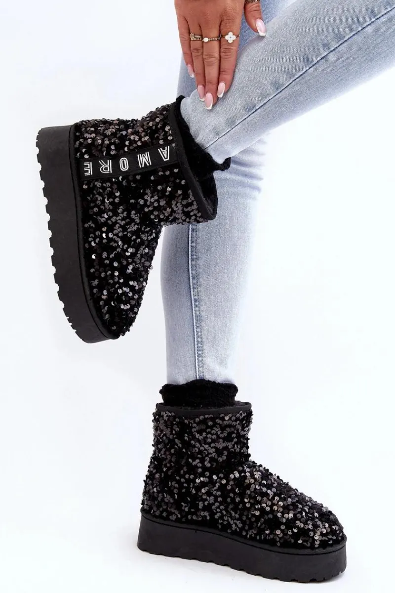 Discount Śniegowce Damskie Na Platformie Zdobione Cekinami Czarne Silmo Damskie Śniegowce Damskie
