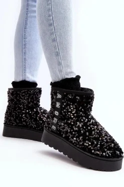 Discount Śniegowce Damskie Na Platformie Zdobione Cekinami Czarne Silmo Damskie Śniegowce Damskie