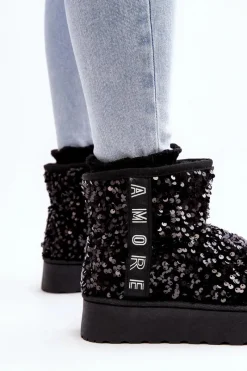 Discount Śniegowce Damskie Na Platformie Zdobione Cekinami Czarne Silmo Damskie Śniegowce Damskie