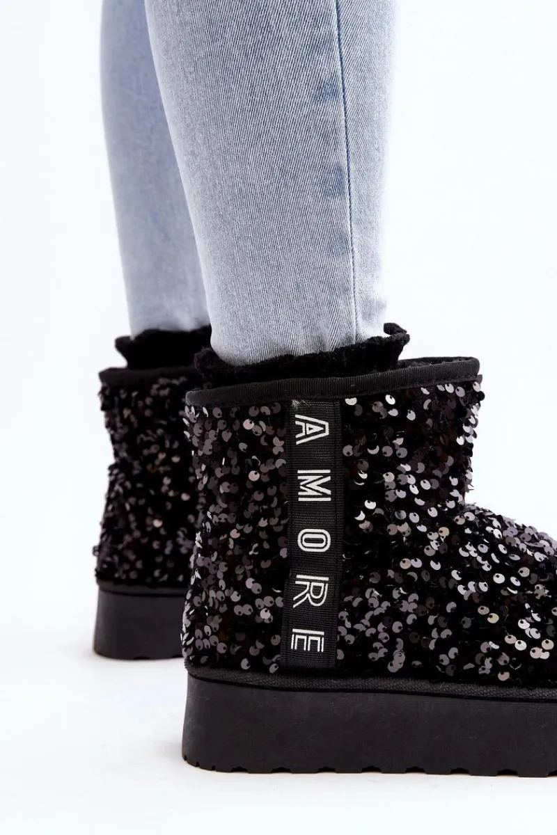 Discount Śniegowce Damskie Na Platformie Zdobione Cekinami Czarne Silmo Damskie Śniegowce Damskie