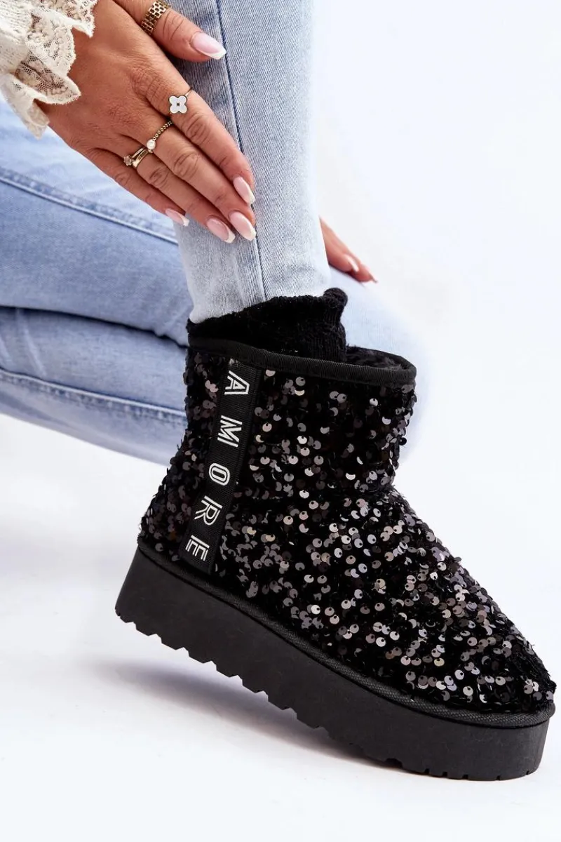 Discount Śniegowce Damskie Na Platformie Zdobione Cekinami Czarne Silmo Damskie Śniegowce Damskie