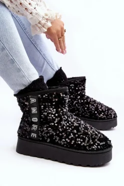Discount Śniegowce Damskie Na Platformie Zdobione Cekinami Czarne Silmo Damskie Śniegowce Damskie