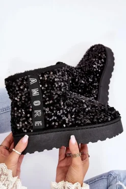 Discount Śniegowce Damskie Na Platformie Zdobione Cekinami Czarne Silmo Damskie Śniegowce Damskie