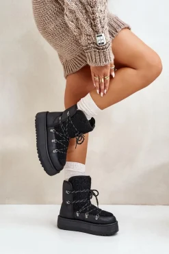 Sale Boto Śniegowce Damskie Na Platformie Z Wiązaniem Czarne Riaviana