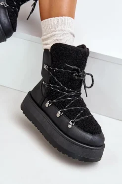 Sale Boto Śniegowce Damskie Na Platformie Z Wiązaniem Czarne Riaviana