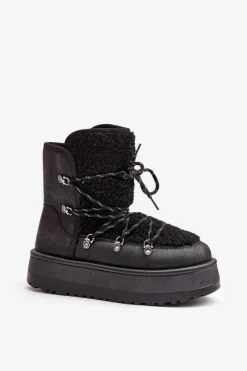 Sale Boto Śniegowce Damskie Na Platformie Z Wiązaniem Czarne Riaviana