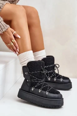 Sale Boto Śniegowce Damskie Na Platformie Z Wiązaniem Czarne Riaviana