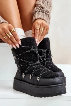Sale Boto Śniegowce Damskie Na Platformie Z Wiązaniem Czarne Riaviana