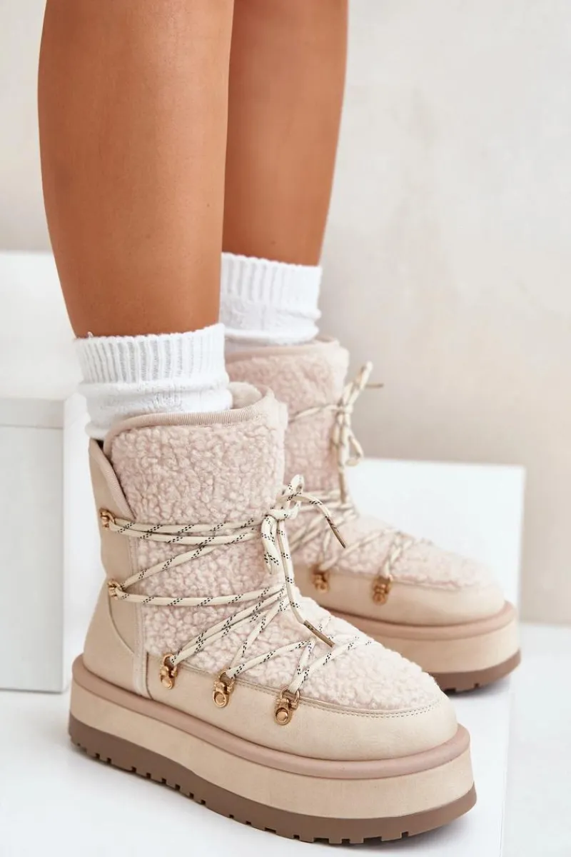 Śniegowce Damskie Na Platformie Z Wiązaniem Jasnobeżowe Riaviana Damskie Śniegowce Damskie