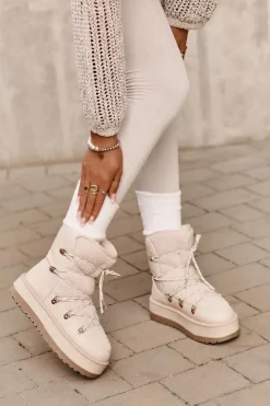 Śniegowce Damskie Na Platformie Z Wiązaniem Jasnobeżowe Riaviana Damskie Śniegowce Damskie