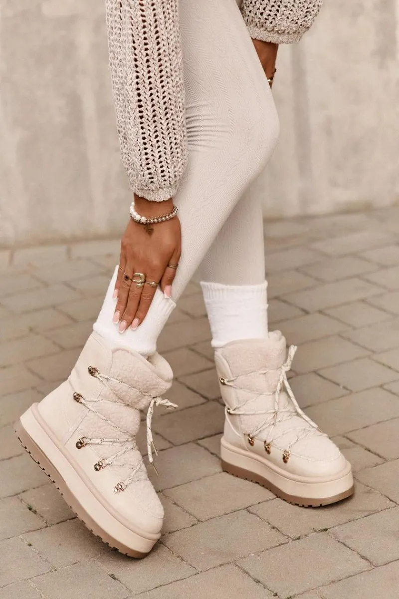 Śniegowce Damskie Na Platformie Z Wiązaniem Jasnobeżowe Riaviana Damskie Śniegowce Damskie