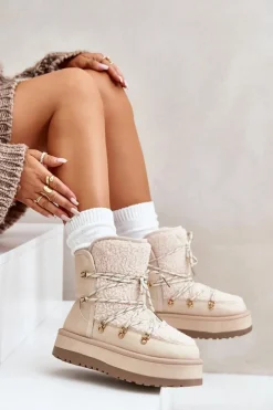 Śniegowce Damskie Na Platformie Z Wiązaniem Jasnobeżowe Riaviana Damskie Śniegowce Damskie