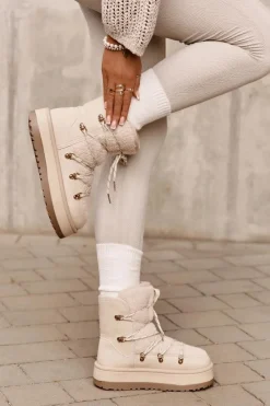 Śniegowce Damskie Na Platformie Z Wiązaniem Jasnobeżowe Riaviana Damskie Śniegowce Damskie